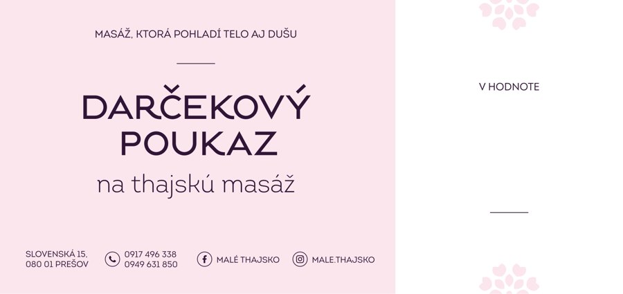 Darčekový poukaz Malé Thajsko, zadná strana s miestom na hodnotu a venovanie